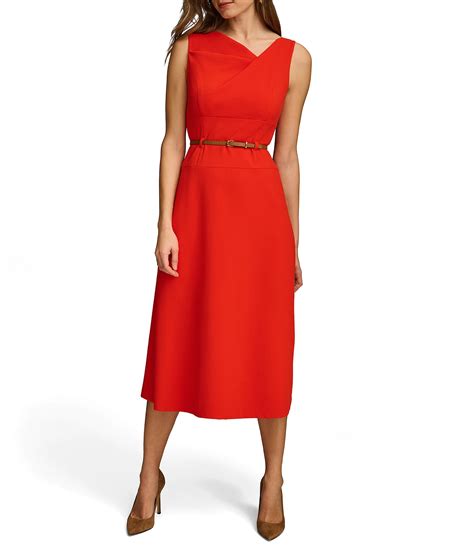 Donna Karan Sleeveless Asymmetrical Neck Belted A Line Midi Dress