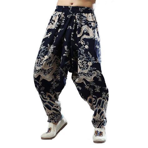 Idopy Men S Chinese Traditional Dragon Baggy Harem Pants Trousers