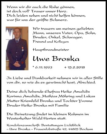 Traueranzeigen Von Uwe Broska Trauer In Nrw De