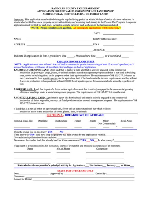 Fillable Application For Use Value Assessment And Taxation Of