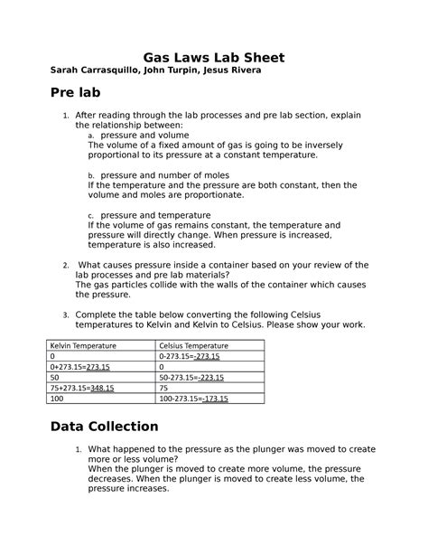 Gas Laws Lab Sheet Lab Gas Laws Lab Sheet Sarah Carrasquillo John