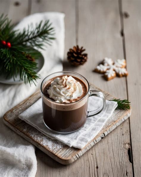 Cozy Hot Chocolate With Whipped Cream And Festive Decorations On Wooden Table Stock Image