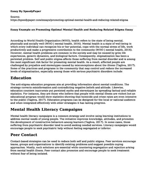 📚 Essay Example On Promoting Optimal Mental Health And Reducing Related Stigma