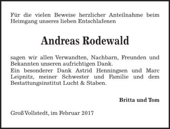 Traueranzeigen Von Andreas Rodewald Trauer Anzeigen De