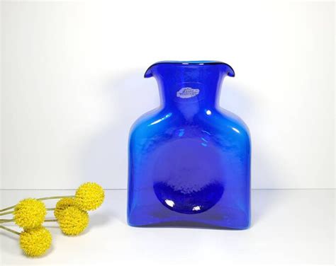 Vintage Blenko Glass Double Sided Pitcher Cobalt Blue Glass Decanter