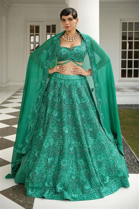 Buy Green Silk Hand Embroidered Sequin Flower Bridal Lehenga Set For