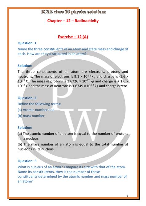 Solutions Of Chapter 12 Radioactivity Of Icse Class 10 Physics Pw