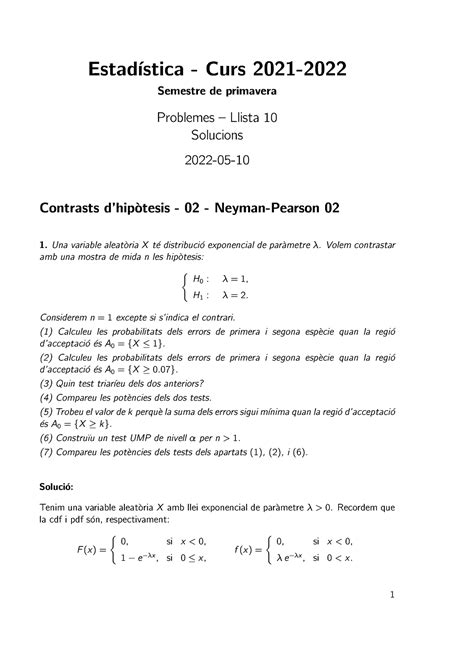 Llista 10 Solucions Ejercicios De Estadística De Contrastes De