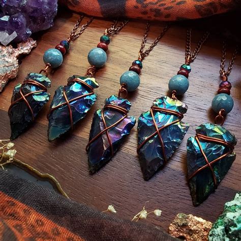 Rainbow Aura Obsidian Arrowhead Necklaces Wire Wrapped Jewelry Copper