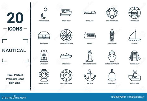 Nautical Linear Icon Set Includes Thin Line Fishing Hook Sailor Cap