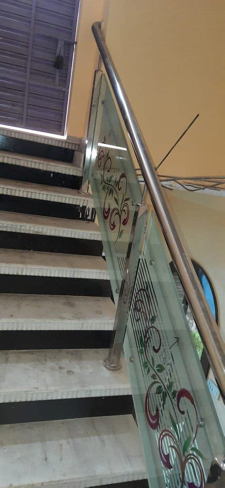 Stainless Steel Acid Etching Glass Staircase Railing For Hotel Home