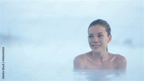 Geothermal Spa Woman Relaxing In Hot Spring Pool On Iceland Girl Enjoying Bathing In A Blue