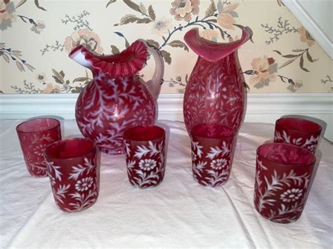 Fenton Style Cranberry Opalescent Fern And Daisy Pitcher Vase And