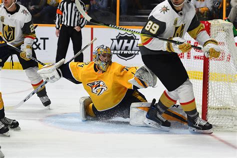 Nashville Predators Goalie Juuse Saros 74 Makes A Save During The