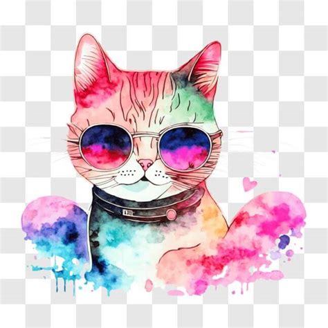 Download Colorful Cat Art Print With Sunglasses And Hearts Png Online