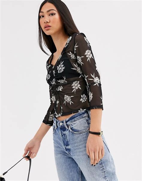 And Other Stories Sheer Floral Ruched Top In Black Asos