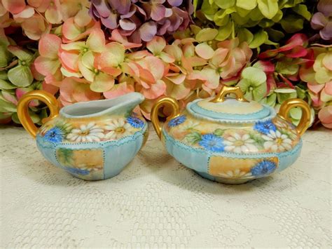 Gorgeous Hand Painted Porcelain Sugar And Creamer Floral Blue Gold