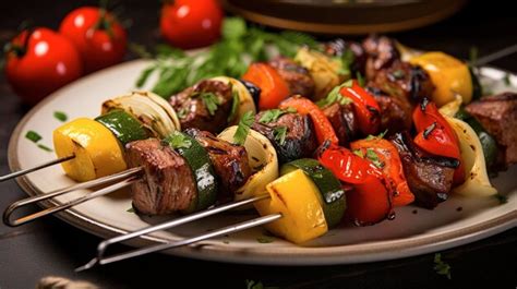 Una Foto De Brochetas De Carne Con Verduras Asadas Foto Premium