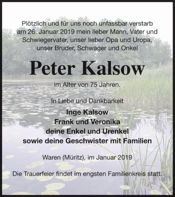 Traueranzeigen Von Peter Kalsow Trauer Nordkurier