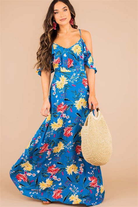 Vibrant Bold Blue Floral Maxi Dress Cold Shoulder Detail The Mint Julep Boutique Blue Floral