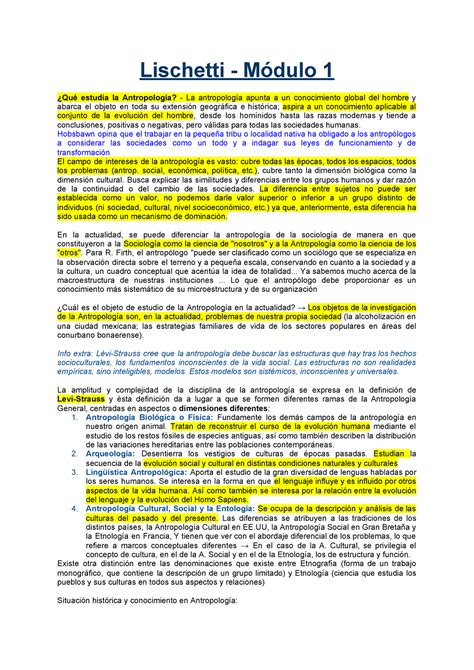 Resumen Final Antropología UP Lischetti Módulo 1 Qué estudia la