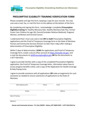 Fillable Online PRESUMPTIVE ELIGIBILITY TRAINING VERIFICATION FORM Fax