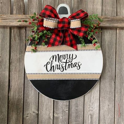 Merry Christmas Home Sign Buffalo Plaid Front Door Decor Round Door