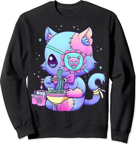 Trends Pastel Goth Aesthetic Kawaii Creepy Cat Eating Ramen Noodles T