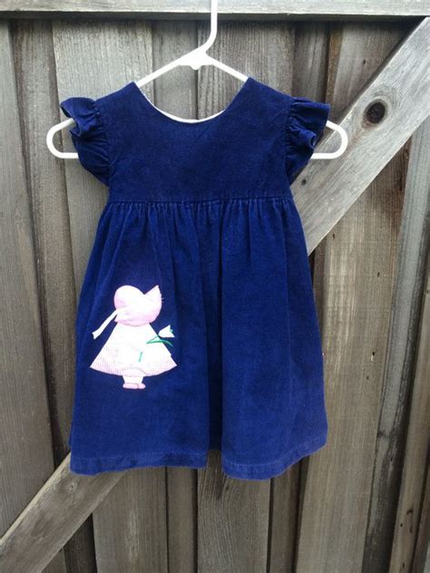 Classic 1970s Blue Corduroy Dress with Holly Hobbie Applique