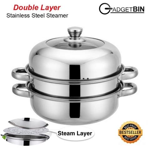 Gadgetbin 28cm 2 Layers Hot Pot Steamer Soup Stainless Steel Cookware Steam Pot 2 Layer Kukus