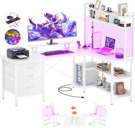 Homieasy L Shaped Desk with Hutch, Gaming Desk with Led Lights ...