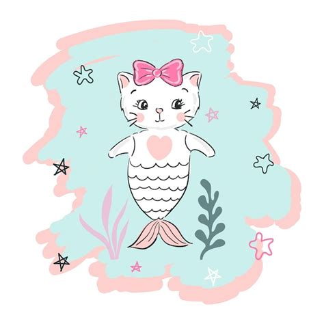 Gato Bonito Da Sereia Ilustra O Dos Desenhos Animados De Um Gatinho