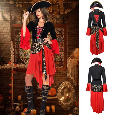 New Damen Kost M Pirat Piratin Kleid Hut Piratenkost M Rot Karneval M