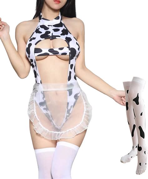SINROYEE Womens Anime Cow Cosplay Bikini Bra And Panty Set Japanese Kawaii Maid Lingerie Cow