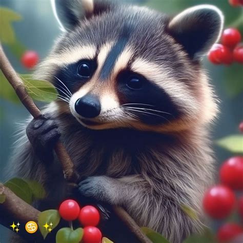 Funny raccoon sitting in a tree with berries
