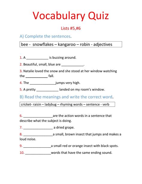 Third Grade Vocabulary Worksheet Grade 4 Vocabulary Worksheets