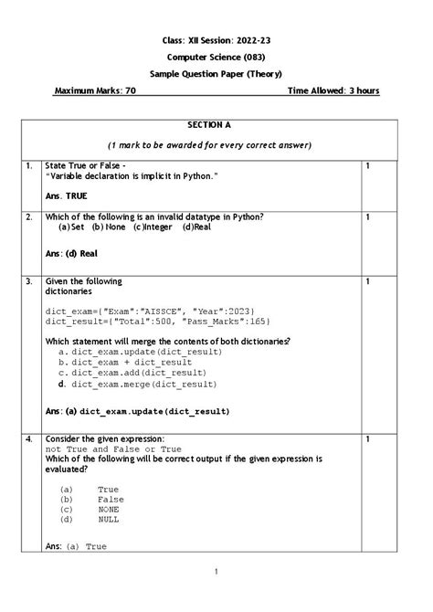 Cbse Class 12 Sample Paper 2023 Solution Computer Science