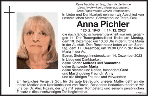 Traueranzeigen Von Anna Pichler Trauer Bz