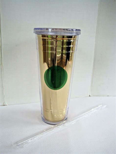 Starbucks Green Dot Gold Acrylic Reusable Insulated Cold Cup Tumbler 24