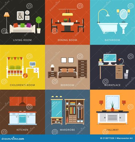 Interior of Different Rooms Types. Vector Illustration in Flat Style Stock Vector - Illustration ...