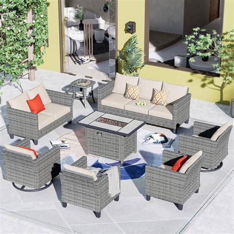 OVIOS New Star Gray 8 Piece Wicker Patio Rectangle Fire Pit