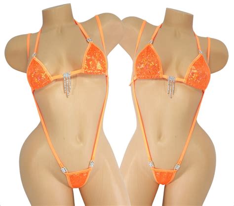 Slingshot Bikini W Rhinestones Choice Of Top Orange Holographic With