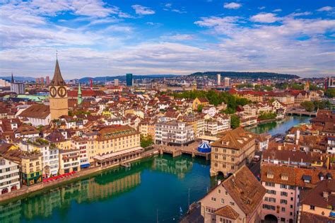 zurich switzerland historic cityscape   limmat river stock image