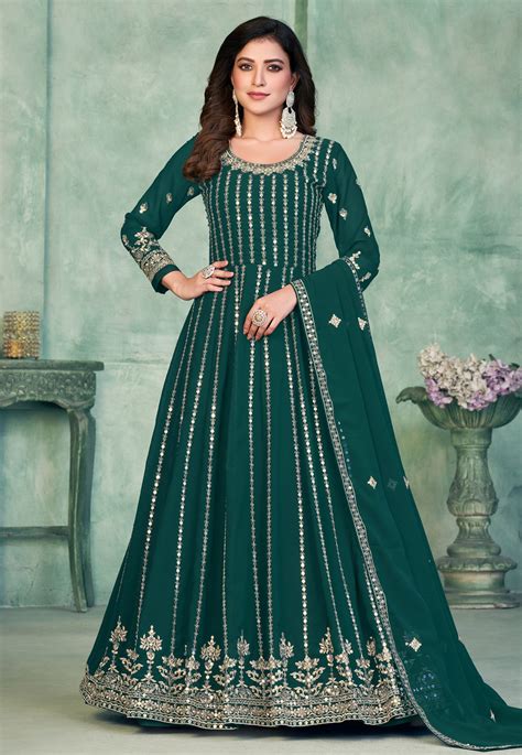 Green Faux Georgette Long Anarkali Suit 268401