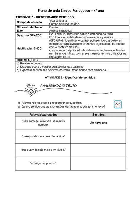 Plano De Aula 02 Língua Portuguesa ”“ Completo Com Habilidades Bncc