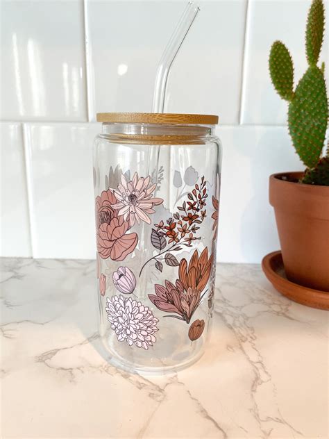 Floral Beer Can Glass Iced Coffee Glass Floral Glass Libbey Glass