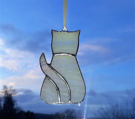 Stained Glass White Cat Kitten Suncatcher Uk Handmade