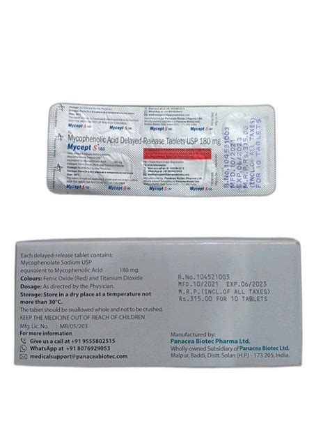 180mg Mycophenolic Acid Delayed Release Tablets Packaging Type Box At