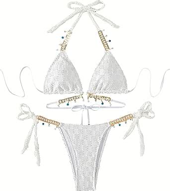 Amazon Sweatyrocks Women S Piece Bikini Set Rhinestone Halter Triangle Bikini Bathing