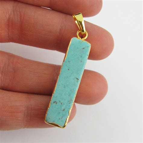 Turquoise Bar Pendant Long Gemstone Bar Gold Dipped Pendant With Bail